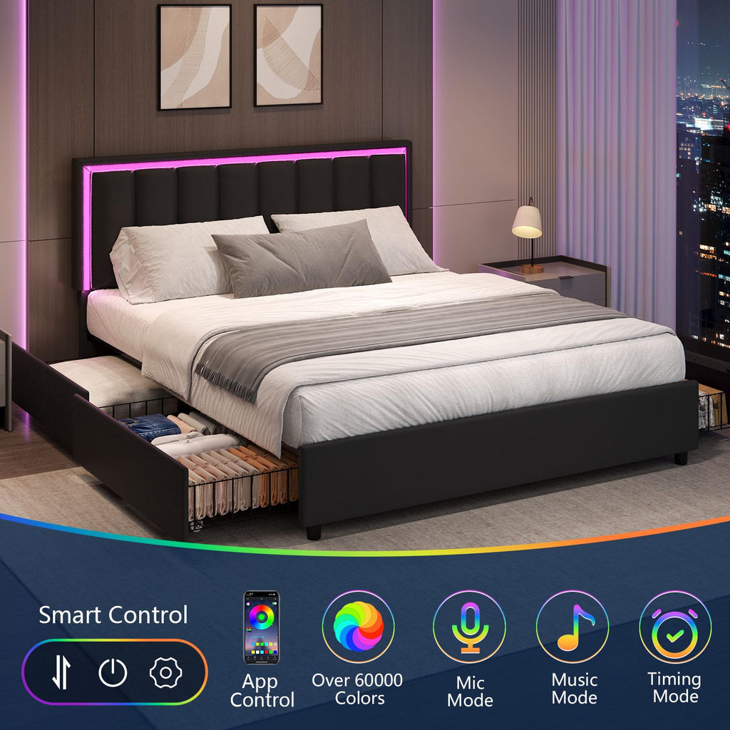Black Full Size Upholstered Bed Frame with 4 Drawers and LED Lights H595
