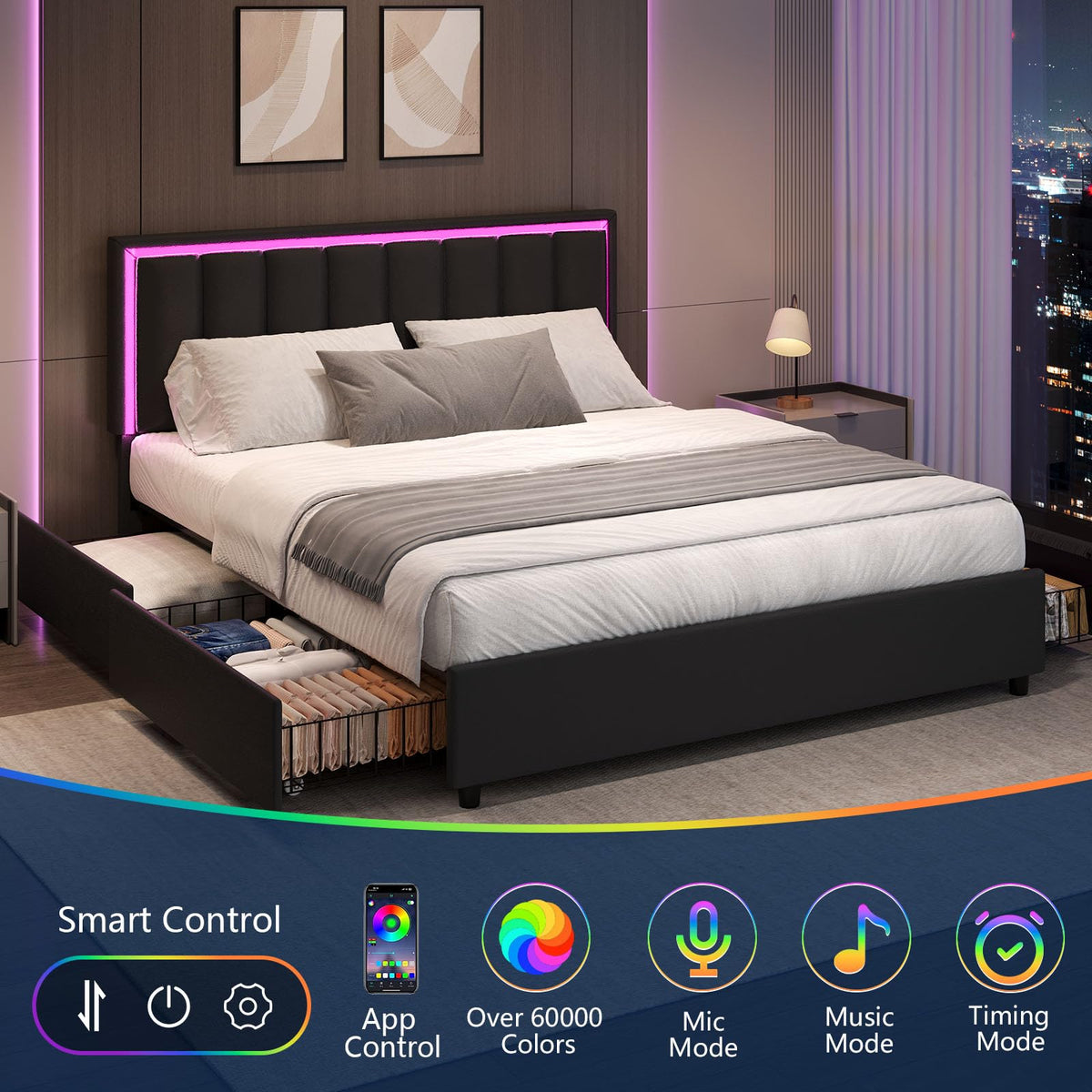 Black Full Size Upholstered Bed Frame with 4 Drawers and LED Lights H595