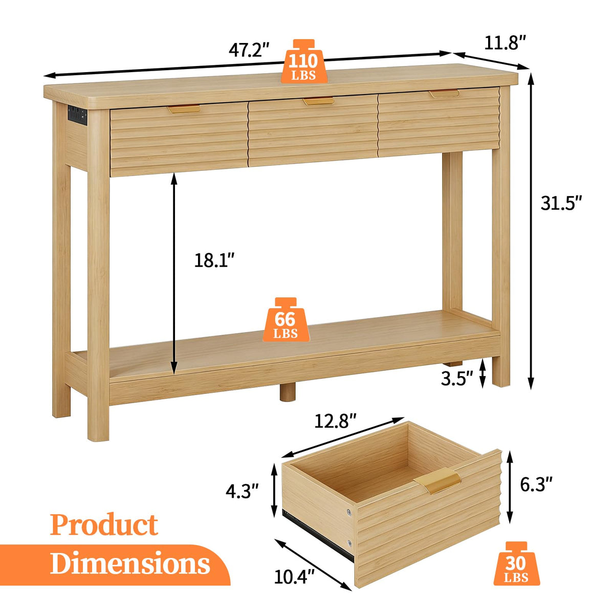 47.2" Narrow Console Table with 3 Drawers & Charging Station, Oak X40768