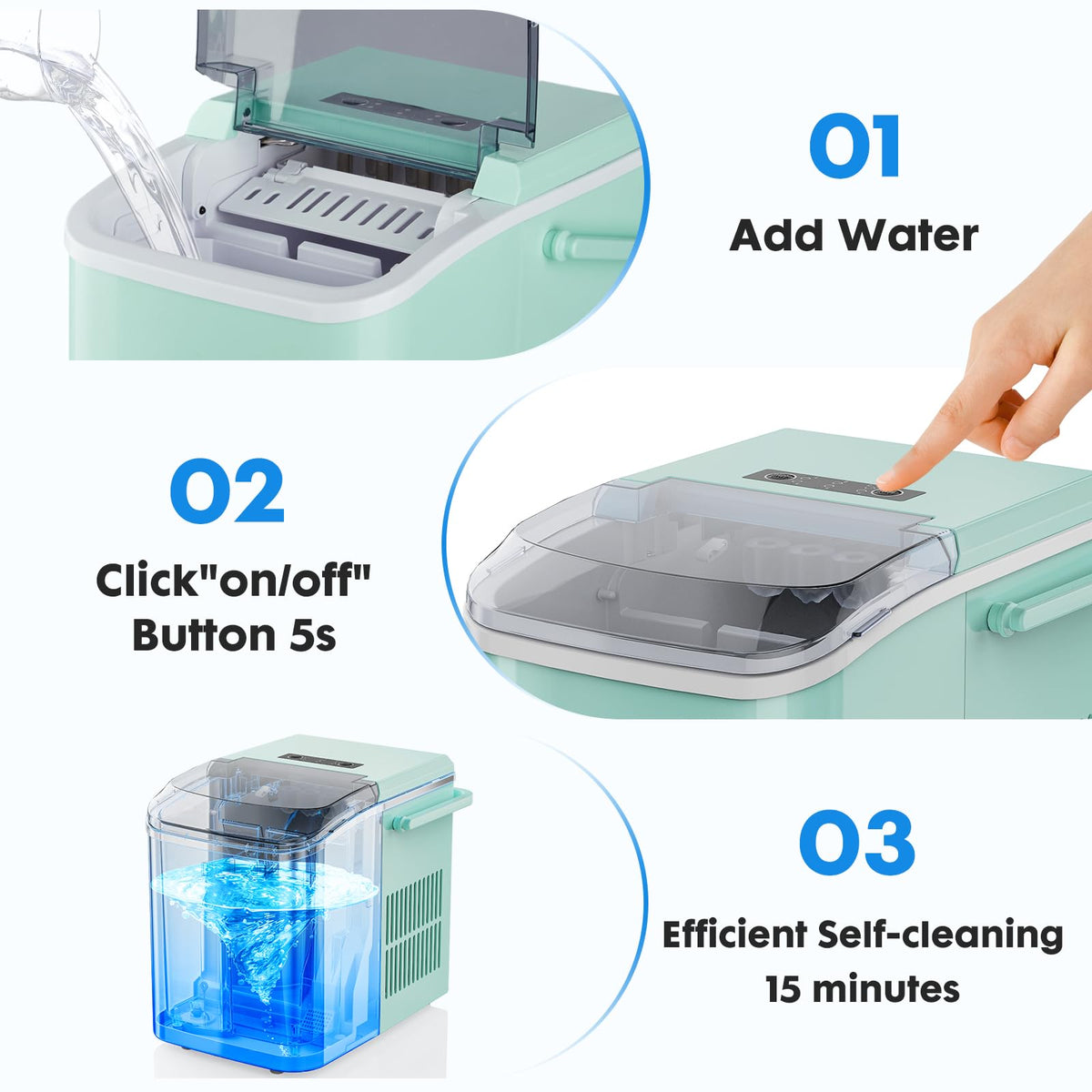 Countertop Ice Maker Machine with Handle, Self-Cleaning, 2 Sizes Bullet Ice, Black N2793