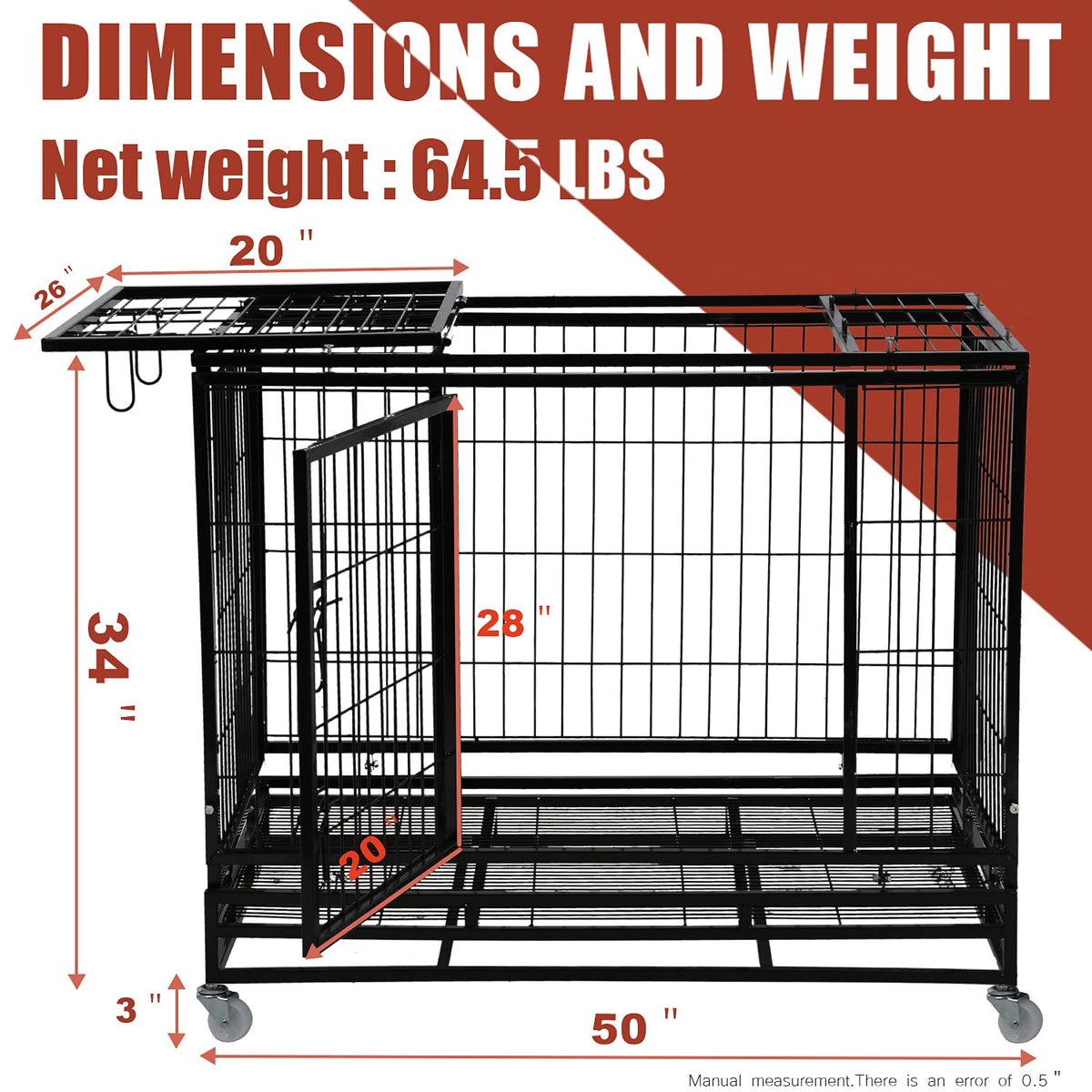 48 inch Heavy Duty Foldable Dog Crate with Lockable Wheels N810919