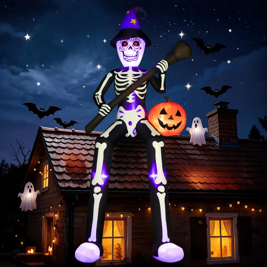 12 FT Halloween Inflatable Skeleton Wizard with Broom & Pumpkin B851536