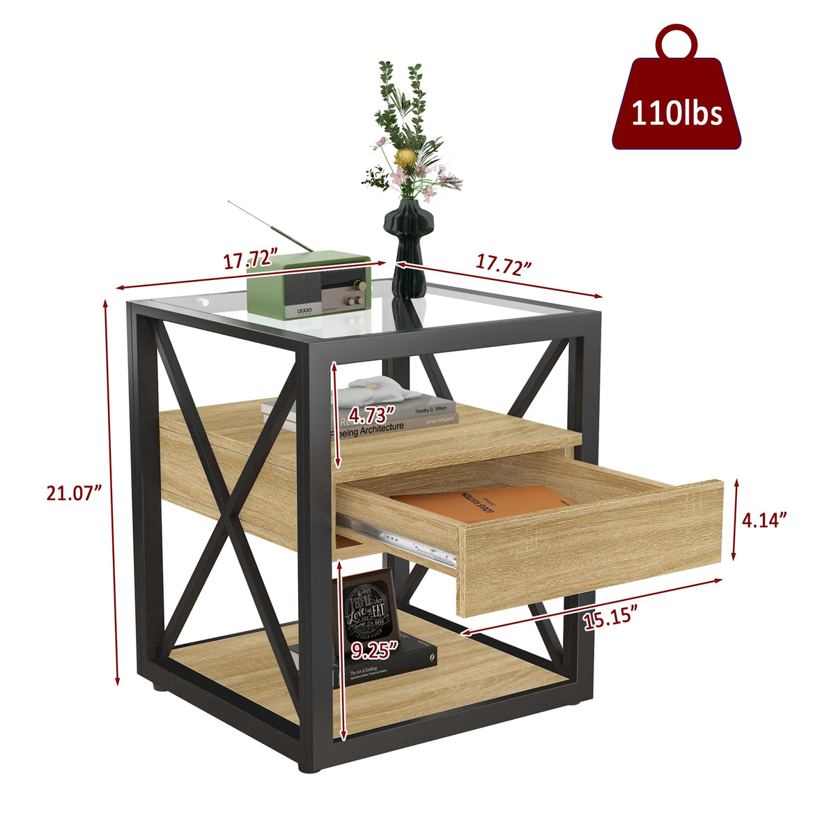 Brown Wood Glass Metal End Table Set of 2 M341269