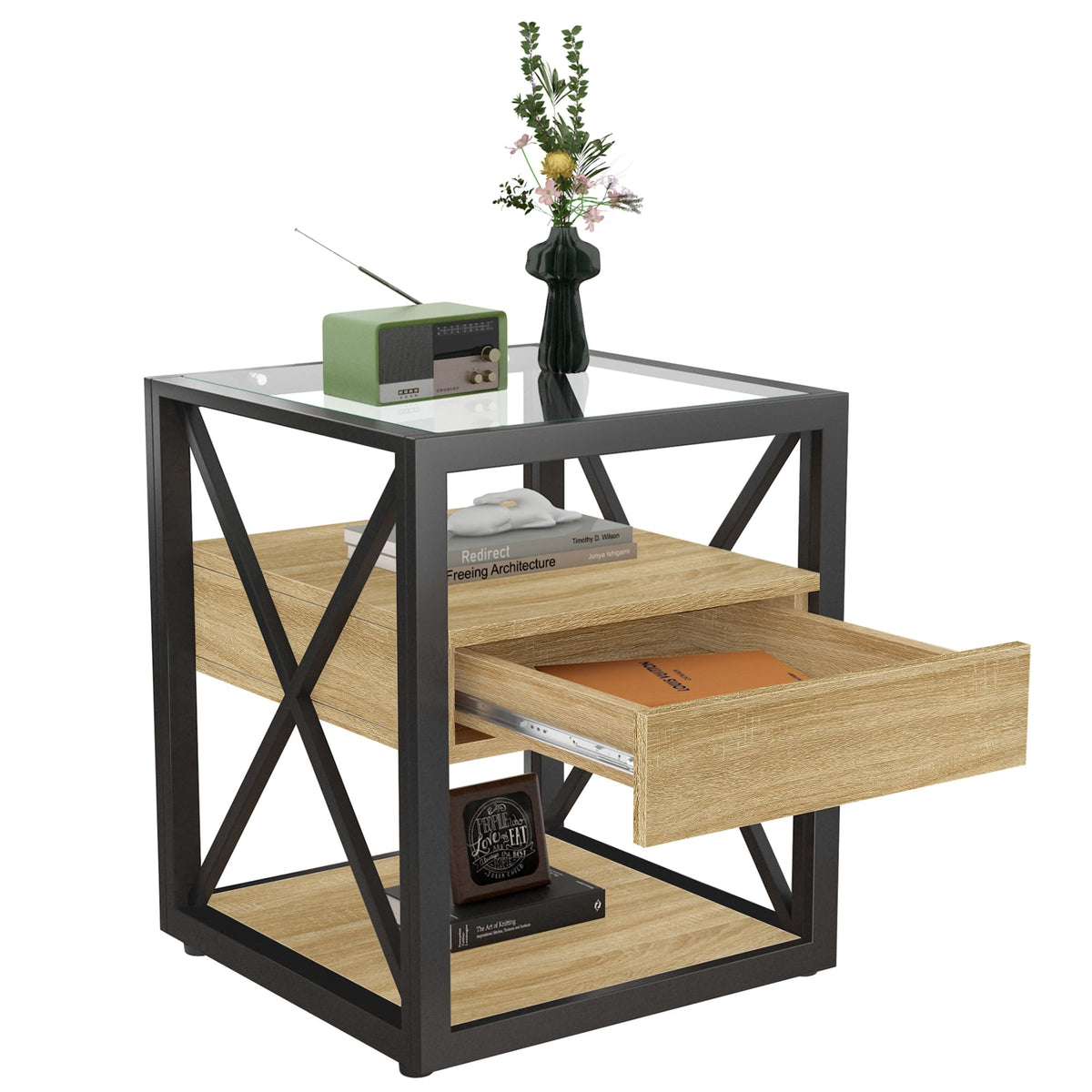 Brown Wood Glass Metal End Table Set of 2 M341269
