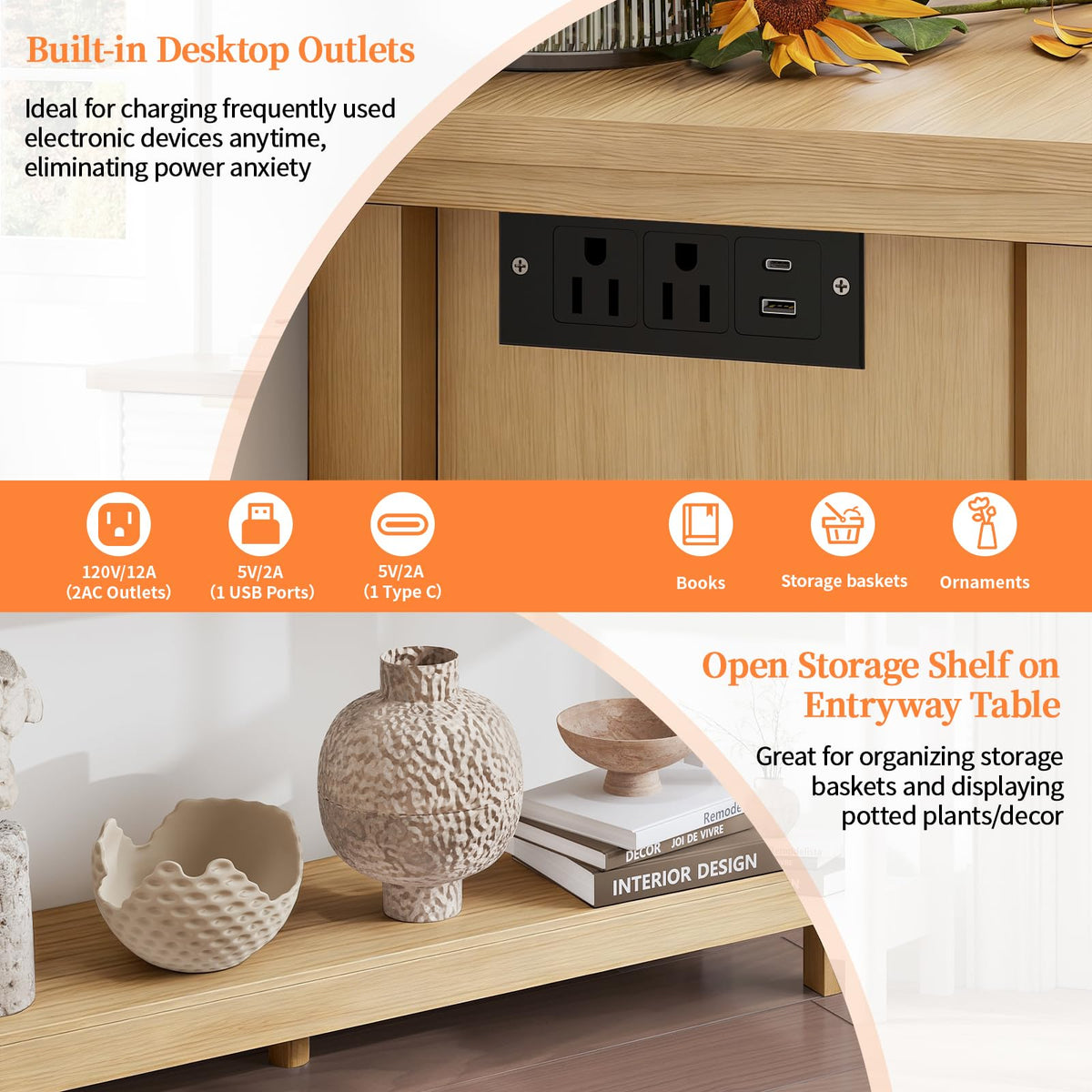 47.2" Narrow Console Table with 3 Drawers & Charging Station, Oak X40768