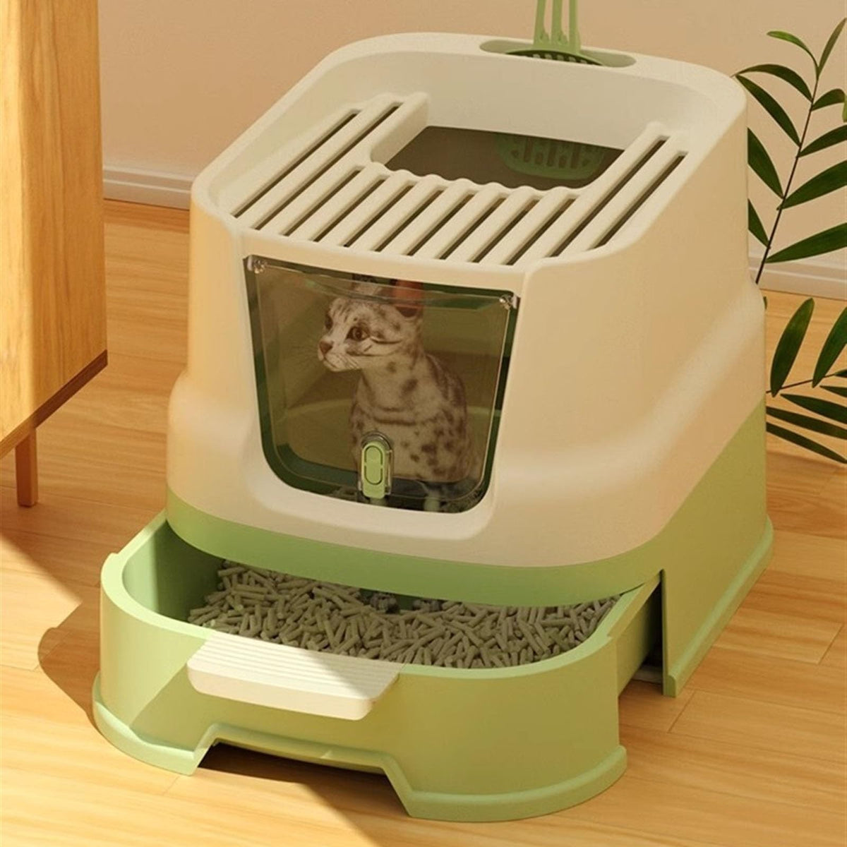 Large Top Entry Cat Litter Box with Lid and Scoop N1931