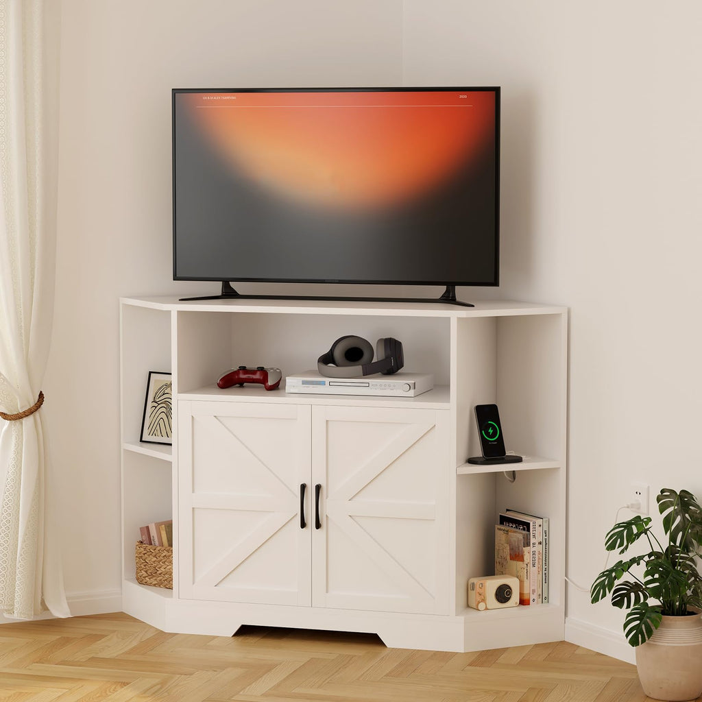 Corner TV Stand with Power Outlet & Barn Doors H802257