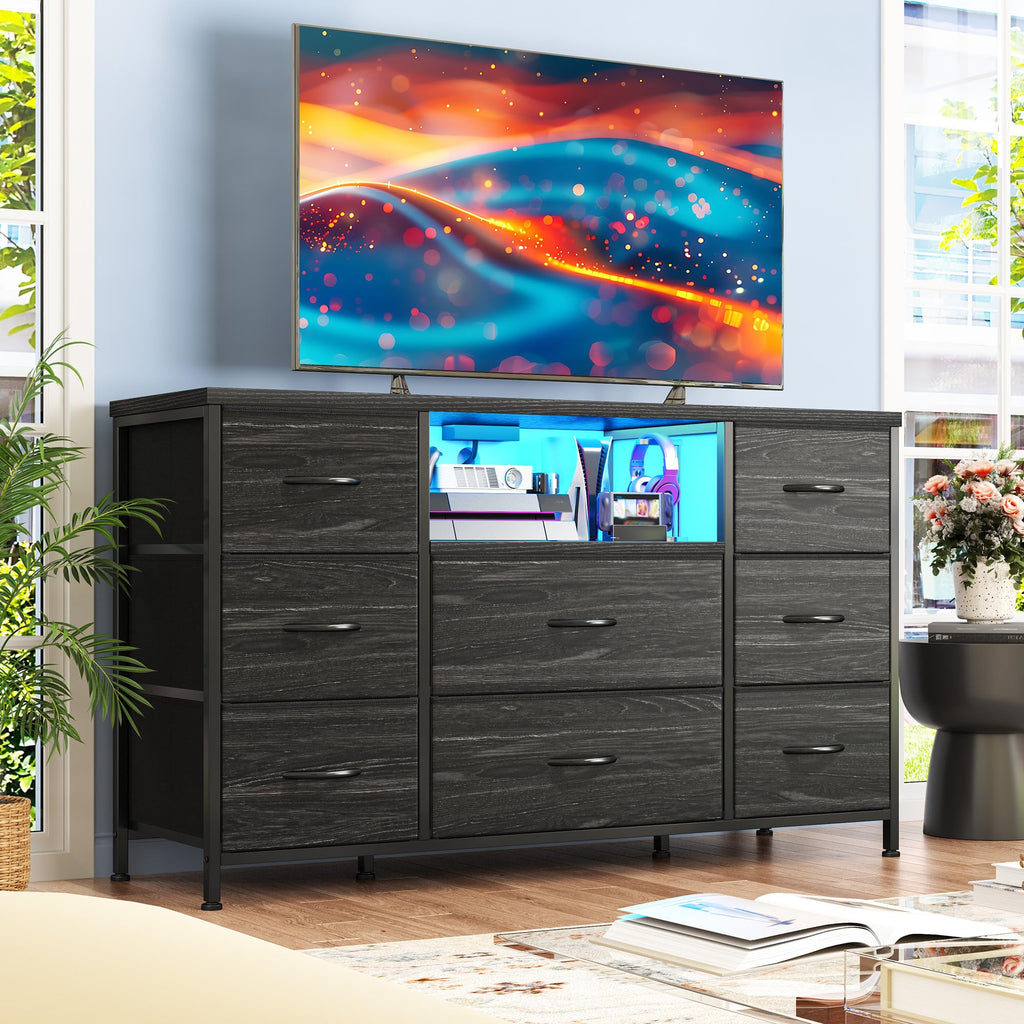 Black Dresser with LED Lights & Charging Station H4568