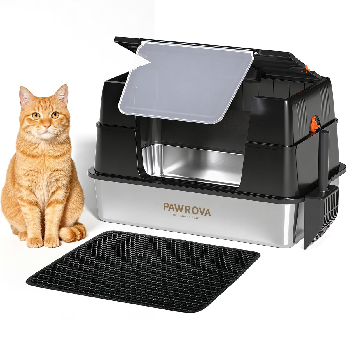 XL Stainless Steel Enclosed Cat Litter Box with Flip-Up Lid D7372