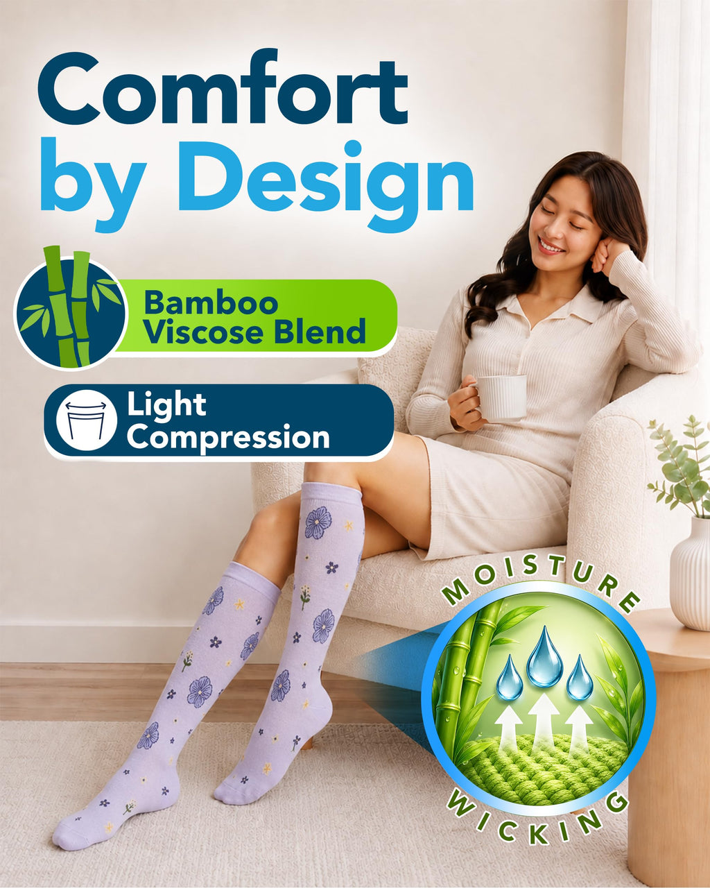 Bamboo Viscose 8-15 mmHg Knee High Compression Socks 3 Pairs T667