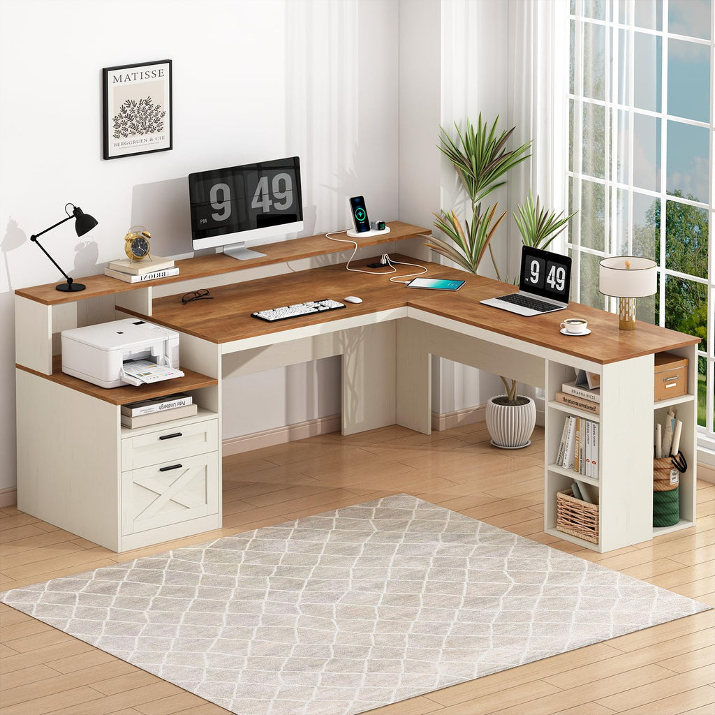 63" L Shaped Desk with Drawers and Storage Shelves C8982