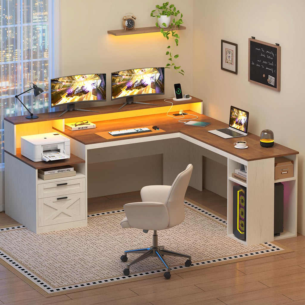 63" L Shaped Desk with Drawers and Storage Shelves C8982