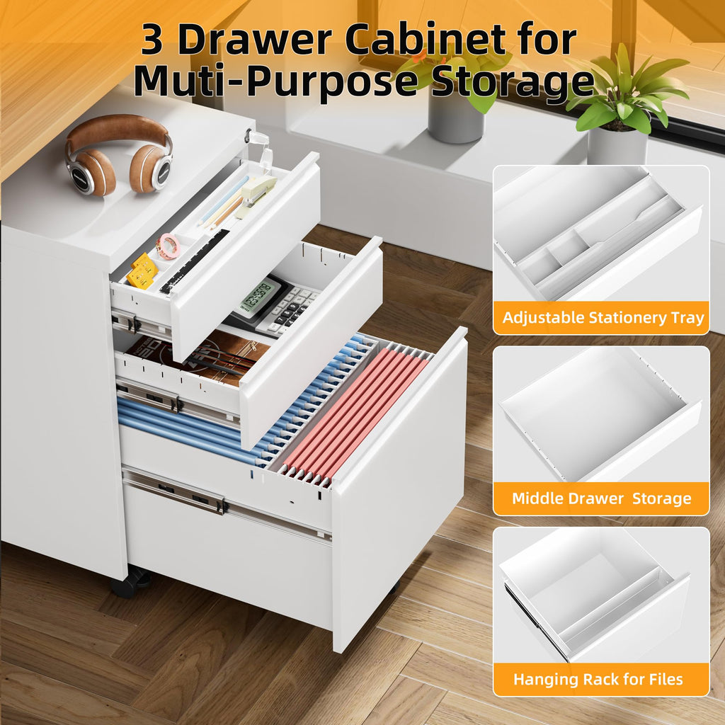 White 3 Drawer Filing Cabinet with Lock V205898