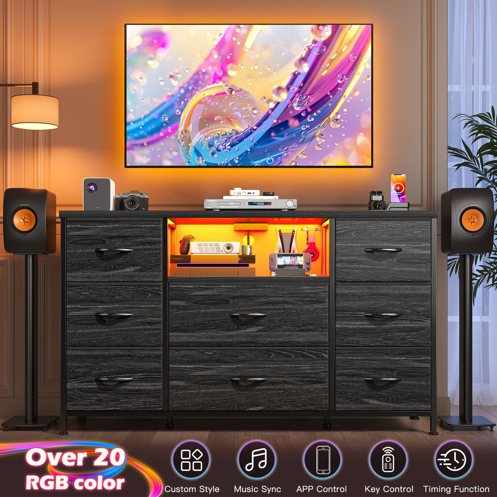 Black Dresser with LED Lights & Charging Station H4568