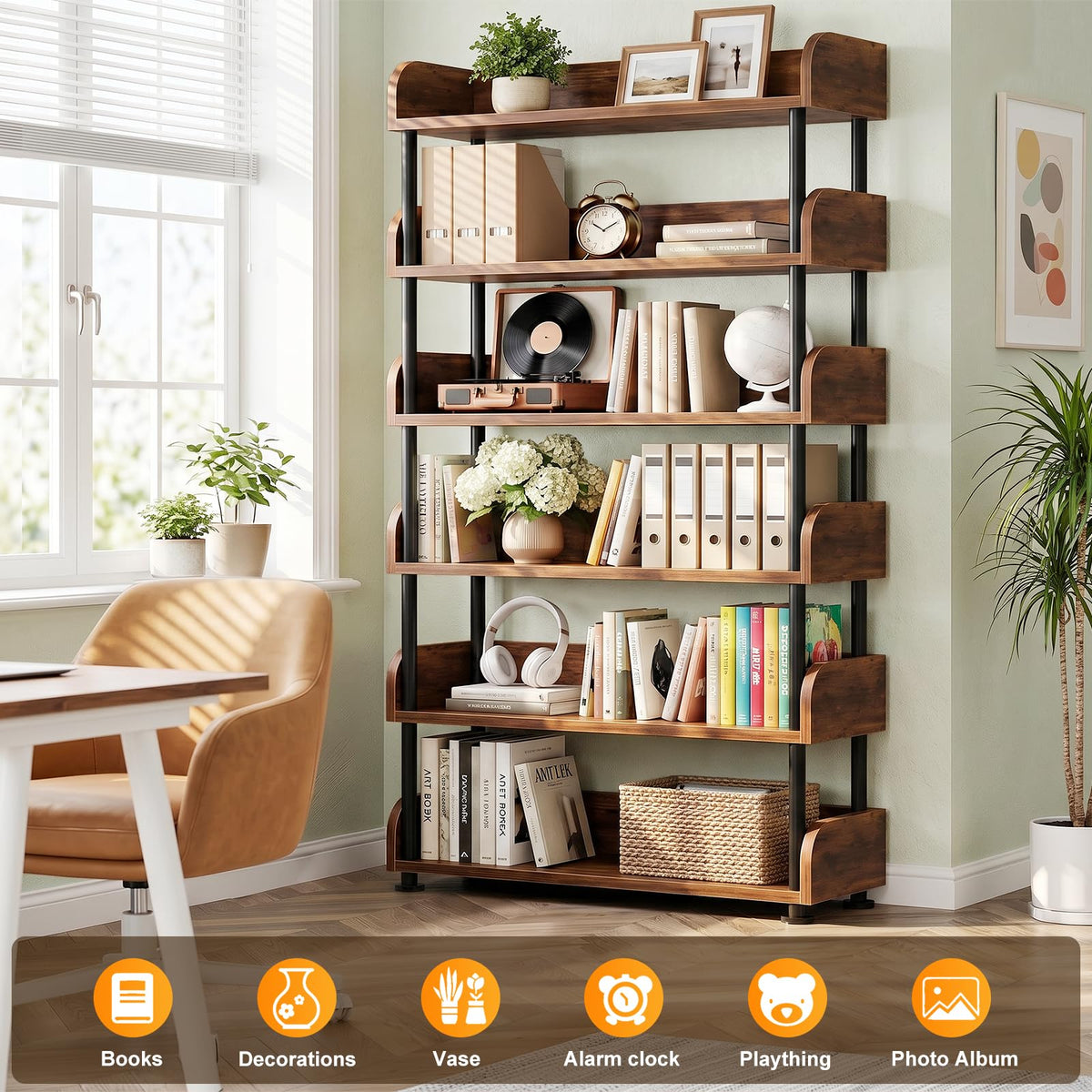 6-Tier Tall Open Bookshelf with Metal Frame L71859