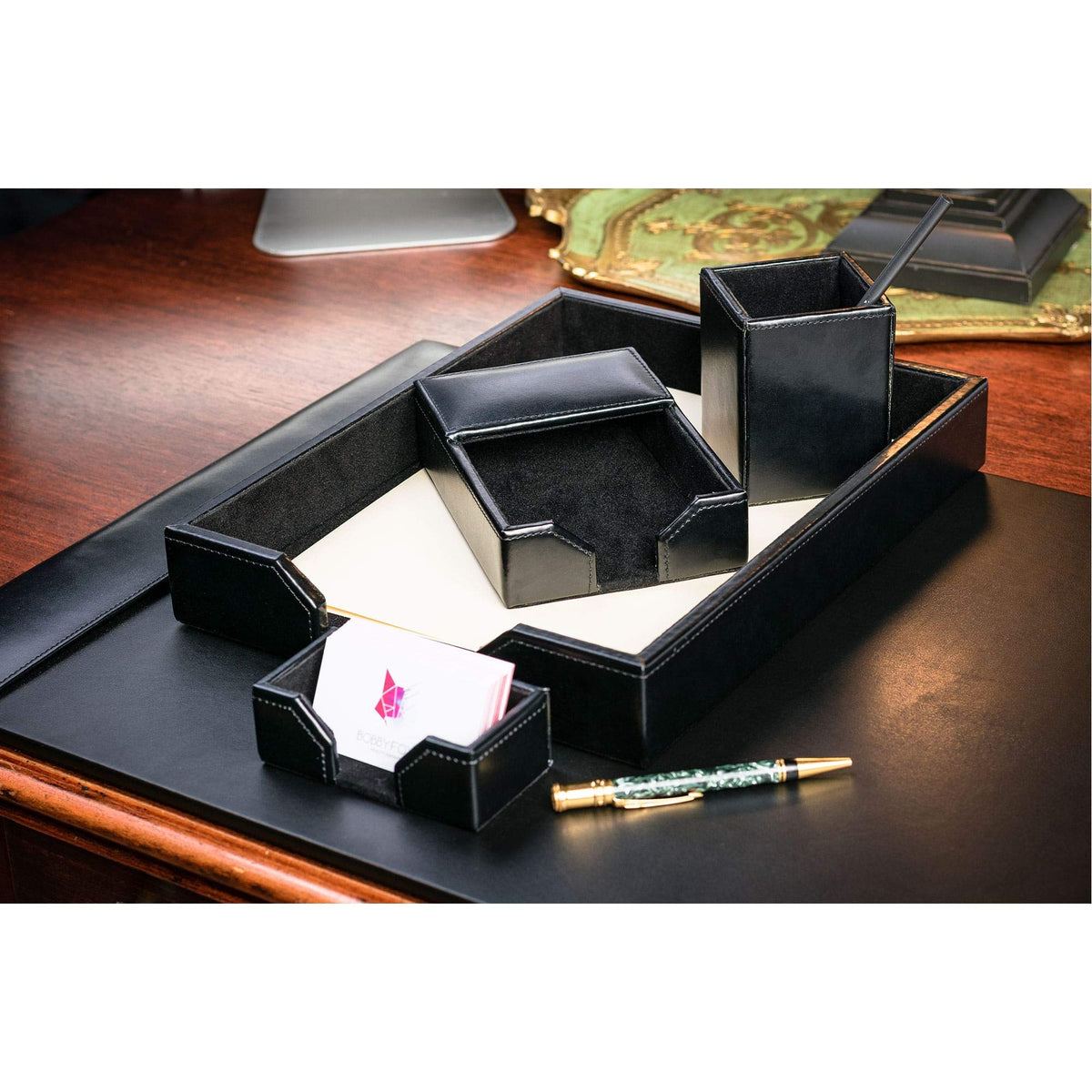 Black Bonded Leather 5-Piece Desk Set Y34212