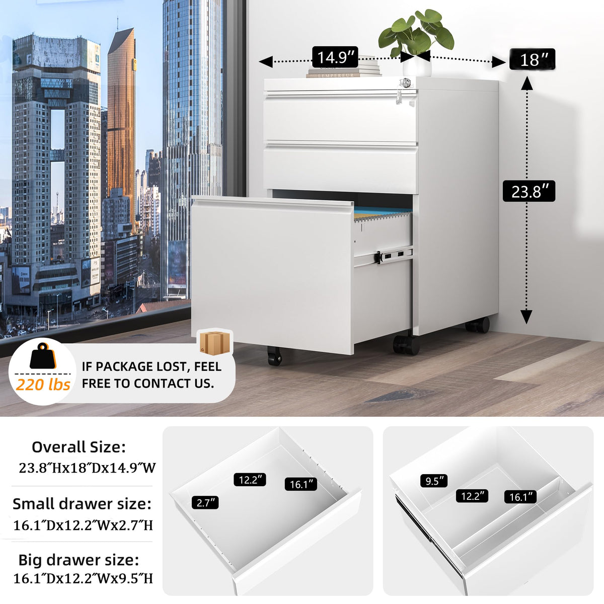 White 3 Drawer Filing Cabinet with Lock V205898