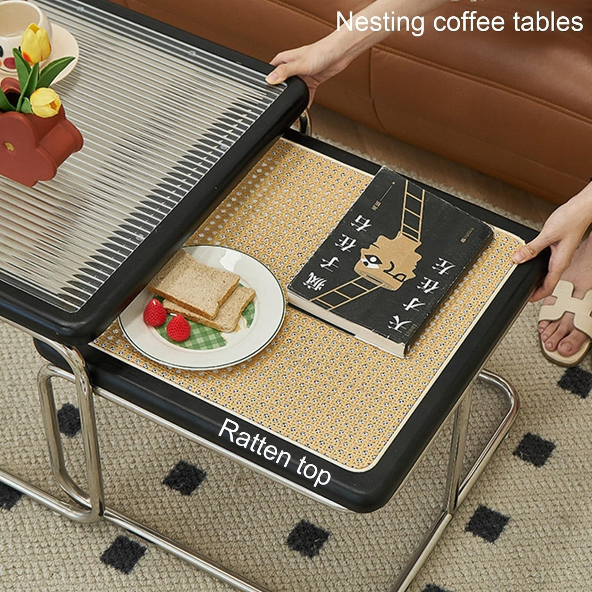 Mid Century Modern Coffee Table Set of 2 Square Metal Base J882