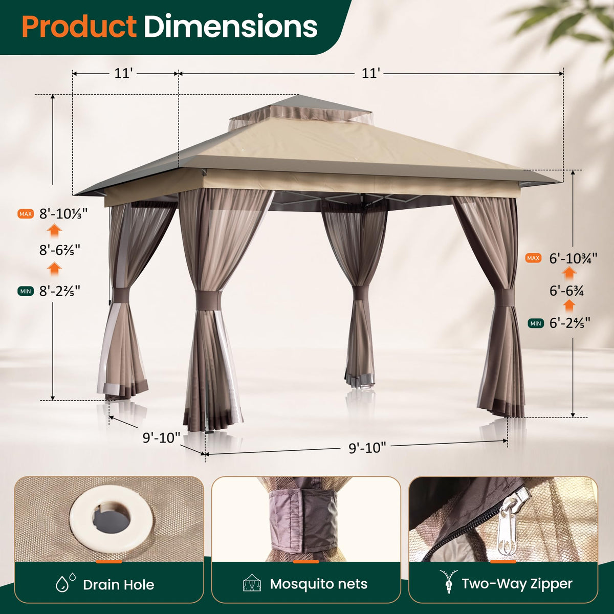 11'x11' Waterproof UV Protection Pop Up Gazebo with Mosquito Netting P17619
