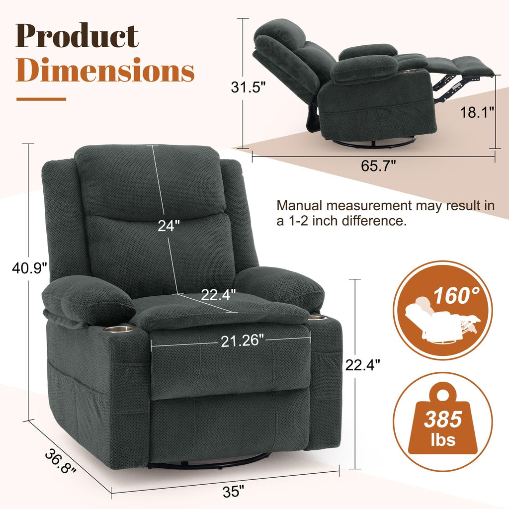 Gray Swivel Rocker Recliner with Massage & Heat Y7639