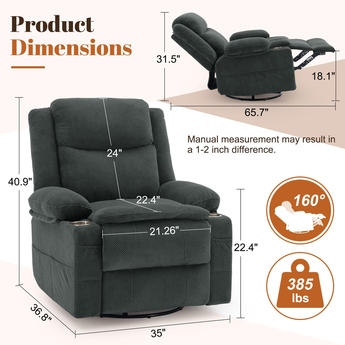 Gray Swivel Rocker Recliner with Massage & Heat Y7639