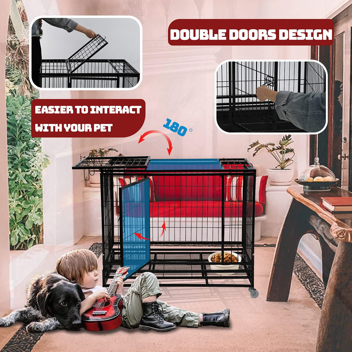 48 inch Heavy Duty Foldable Dog Crate with Lockable Wheels N810919