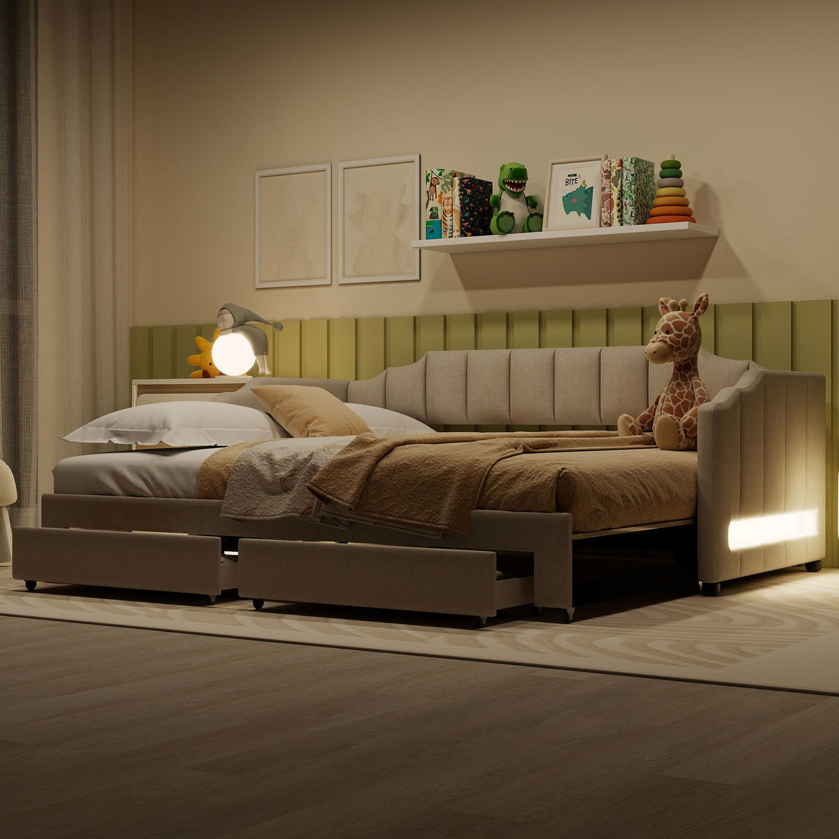Linen Upholstered Daybed with Trundle and 2 Storage Drawers K175249