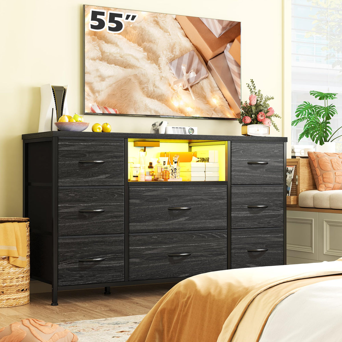 Black Dresser with LED Lights & Charging Station H4568