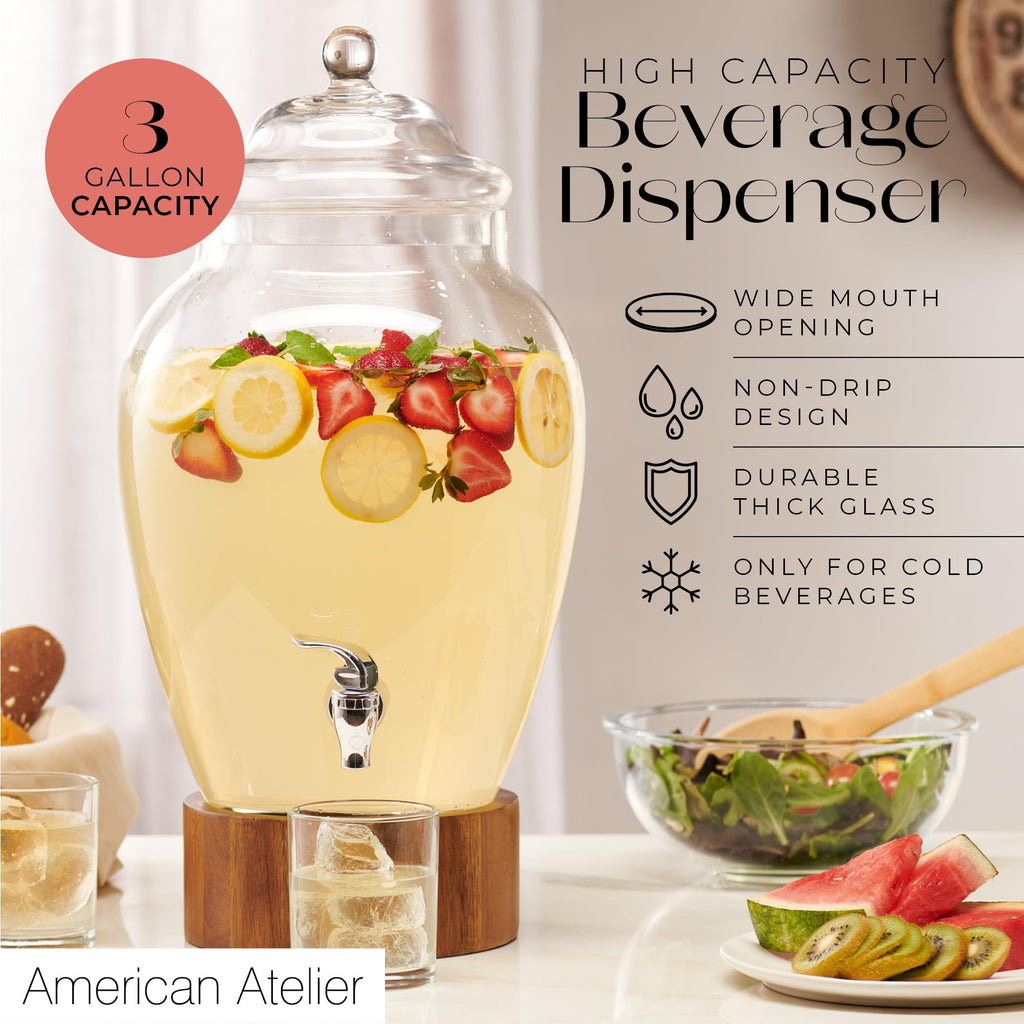 Glass Beverage Dispenser with Wood Base, 3 Gallon Q8316