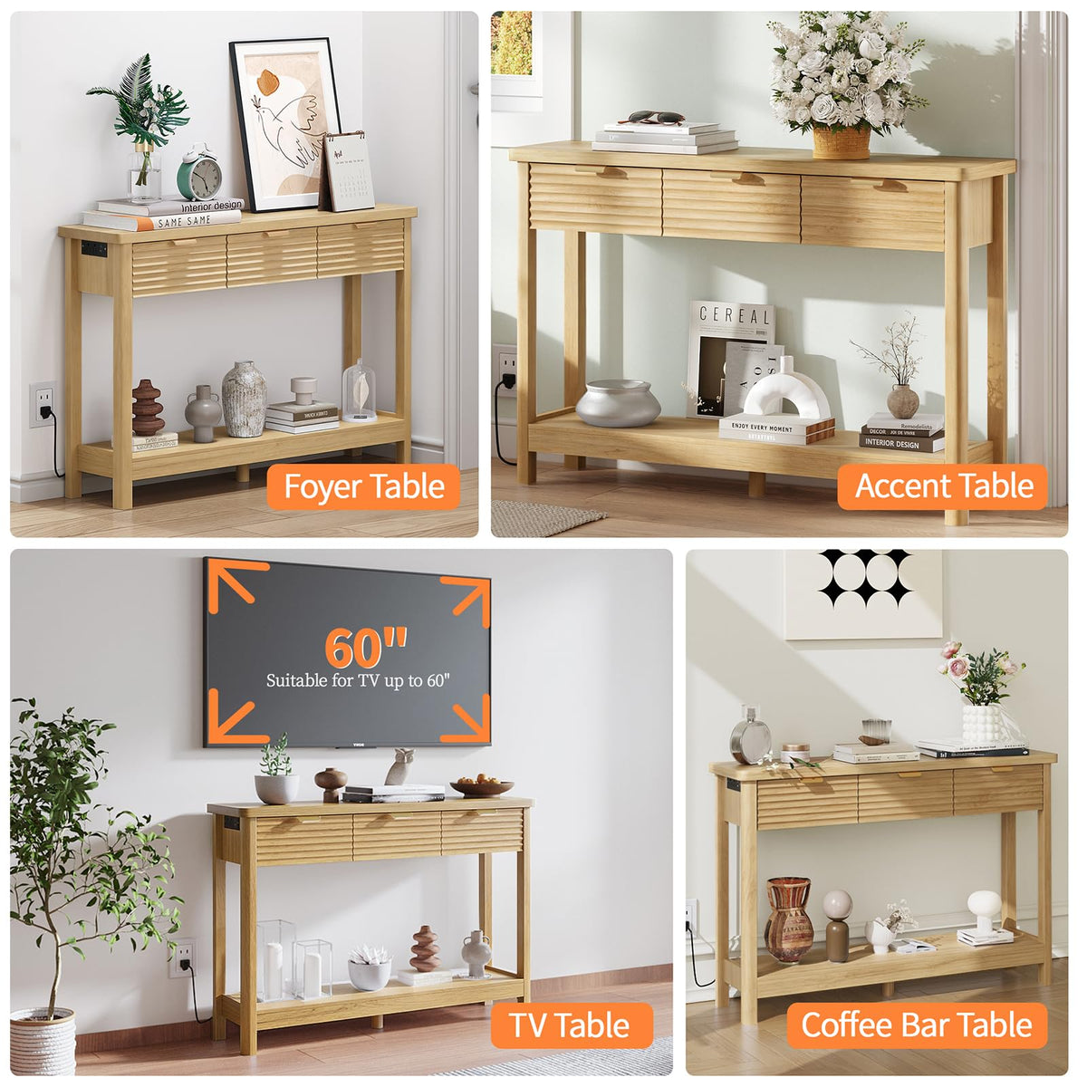 47.2" Narrow Console Table with 3 Drawers & Charging Station, Oak X40768