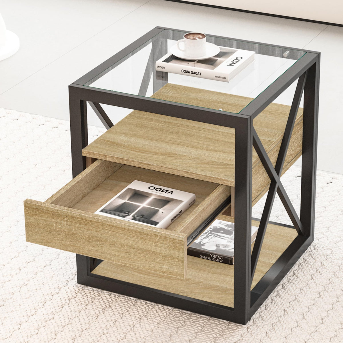Brown Wood Glass Metal End Table Set of 2 M341269
