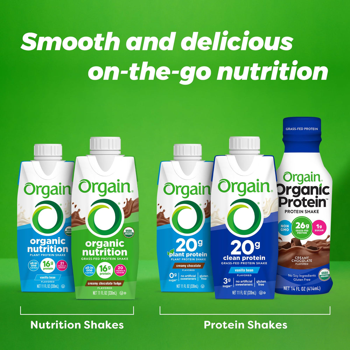 Organic Vegan Plant Based Nutritional Shake, Vanilla Bean + Smooth Chocolate, 11 Fl Oz (Pack of 4) O793