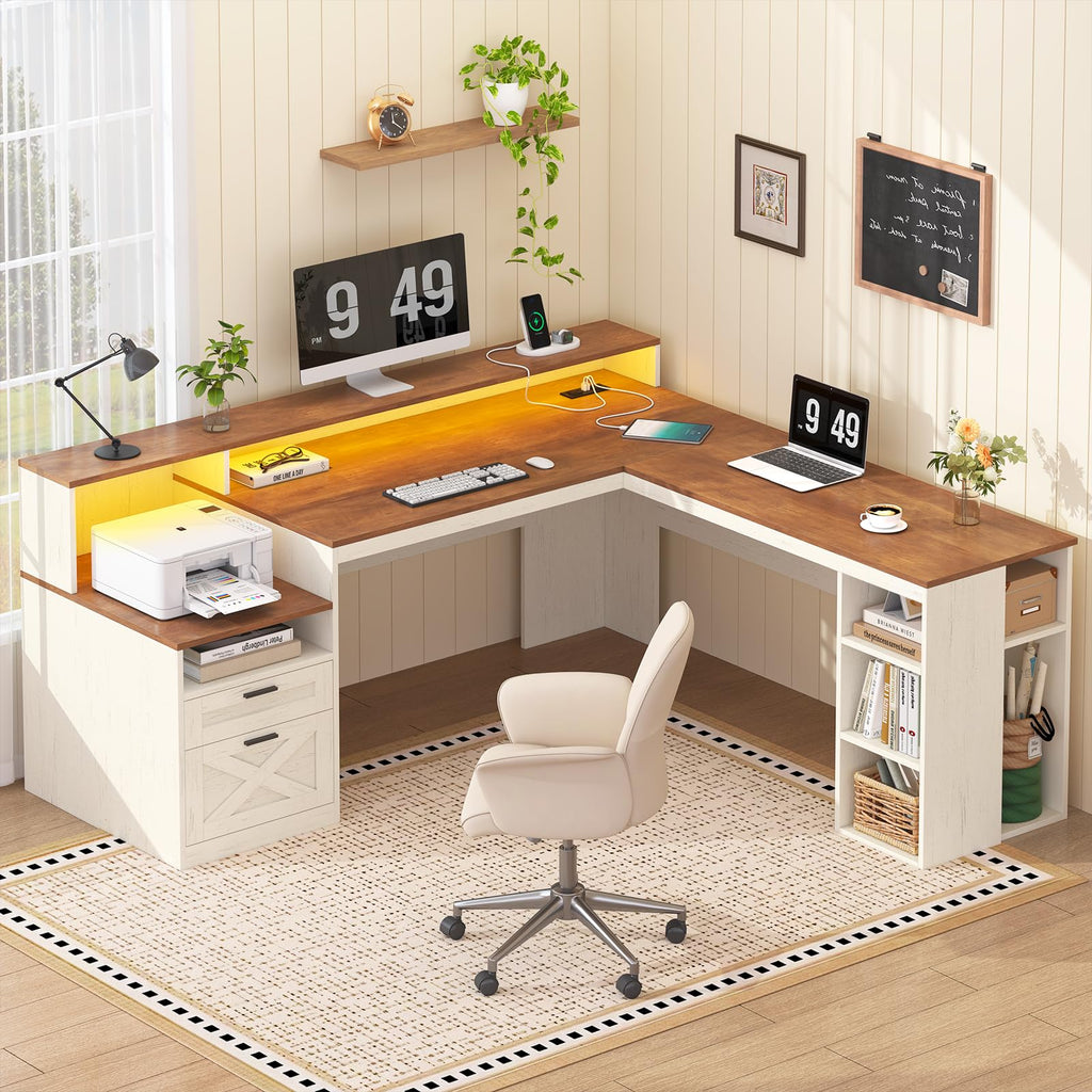63" L Shaped Desk with Drawers and Storage Shelves C8982