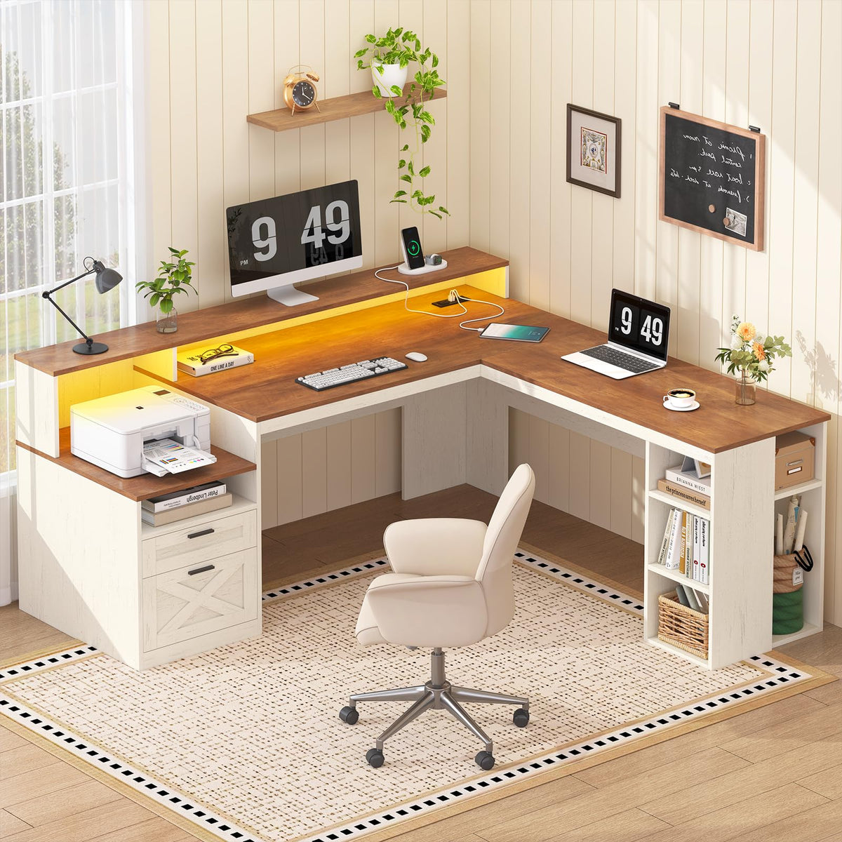63" L Shaped Desk with Drawers and Storage Shelves C8982