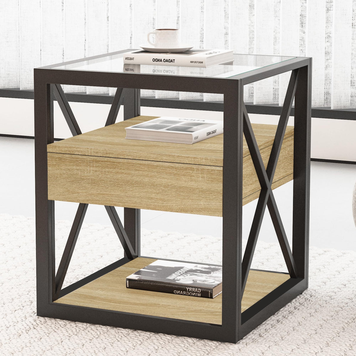 Brown Wood Glass Metal End Table Set of 2 M341269