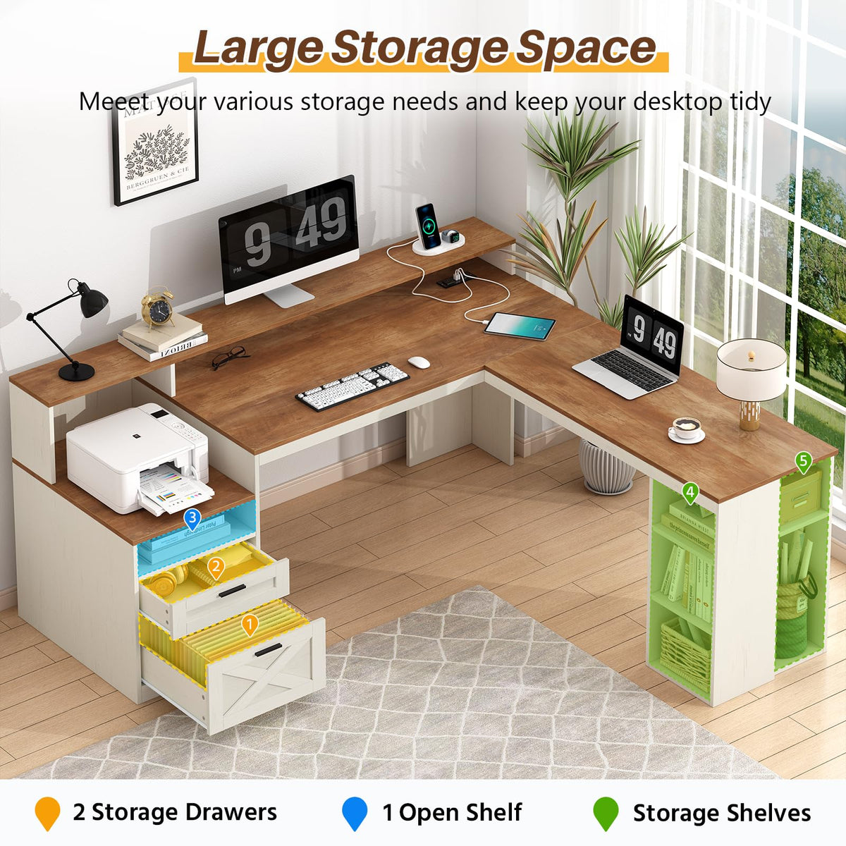 63" L Shaped Desk with Drawers and Storage Shelves C8982