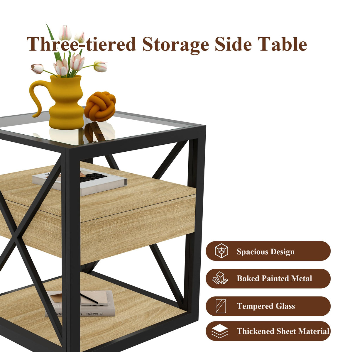 Brown Wood Glass Metal End Table Set of 2 M341269