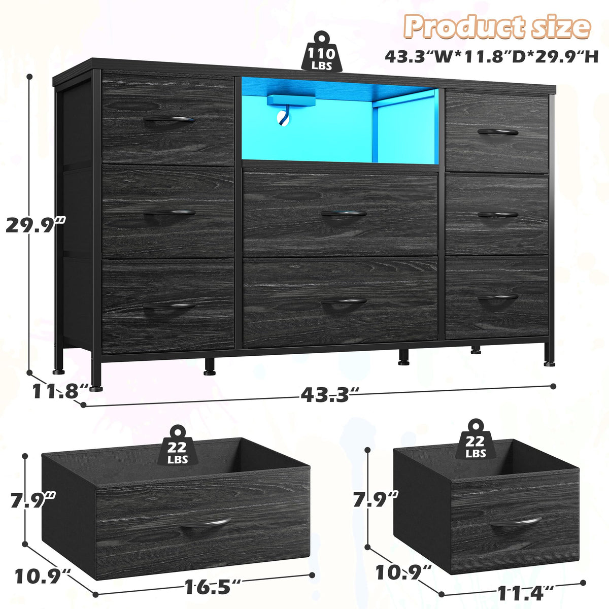 Black Dresser with LED Lights & Charging Station H4568