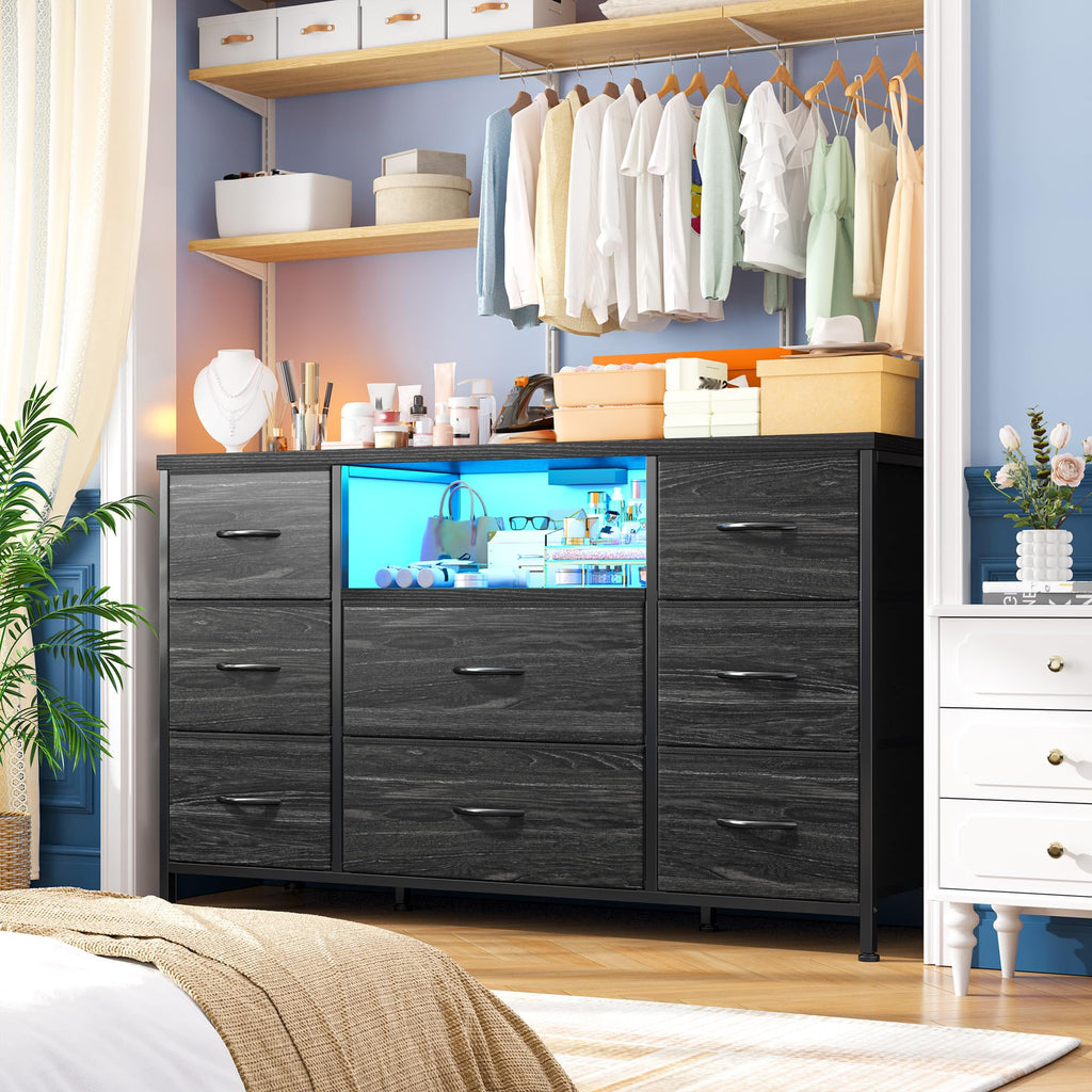 Black Dresser with LED Lights & Charging Station H4568