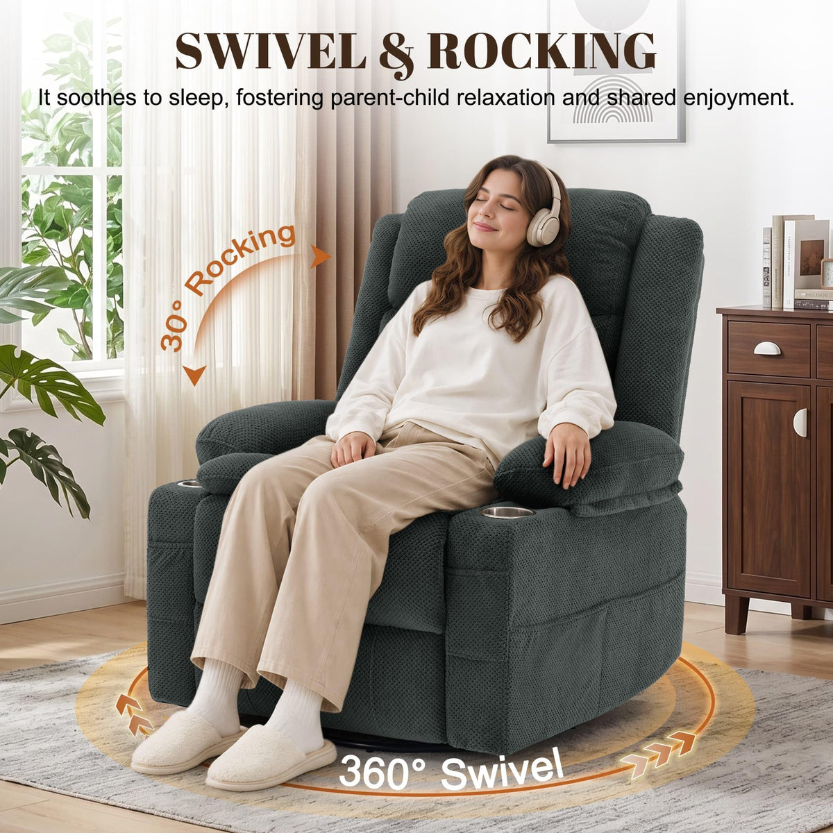 Gray Swivel Rocker Recliner with Massage & Heat Y7639