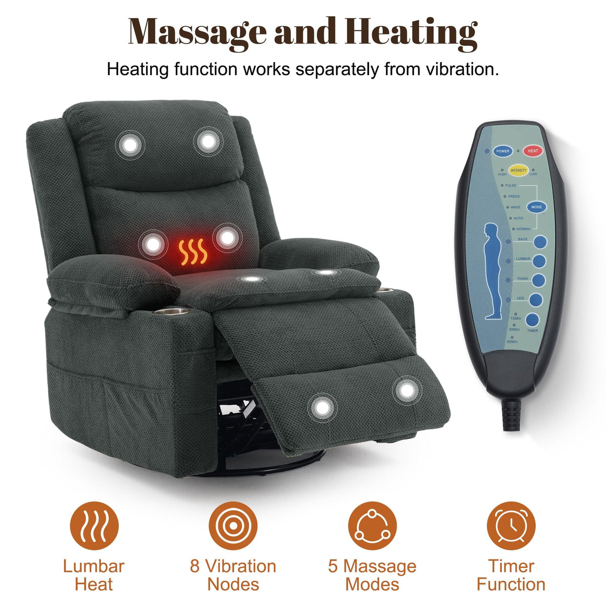 Gray Swivel Rocker Recliner with Massage & Heat Y7639
