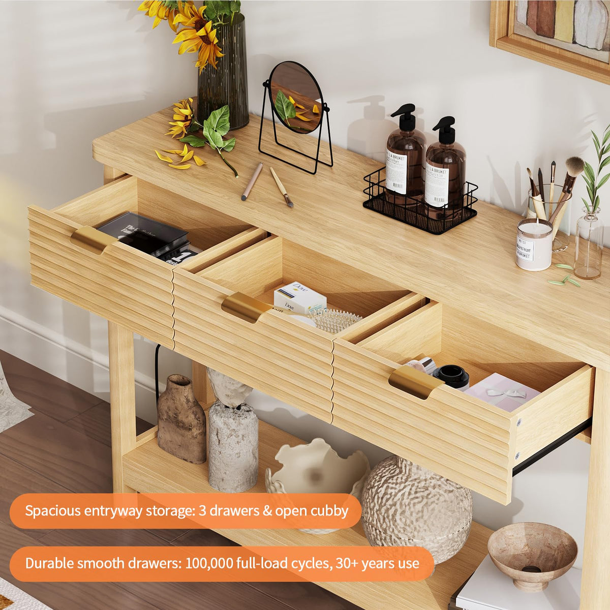 47.2" Narrow Console Table with 3 Drawers & Charging Station, Oak X40768