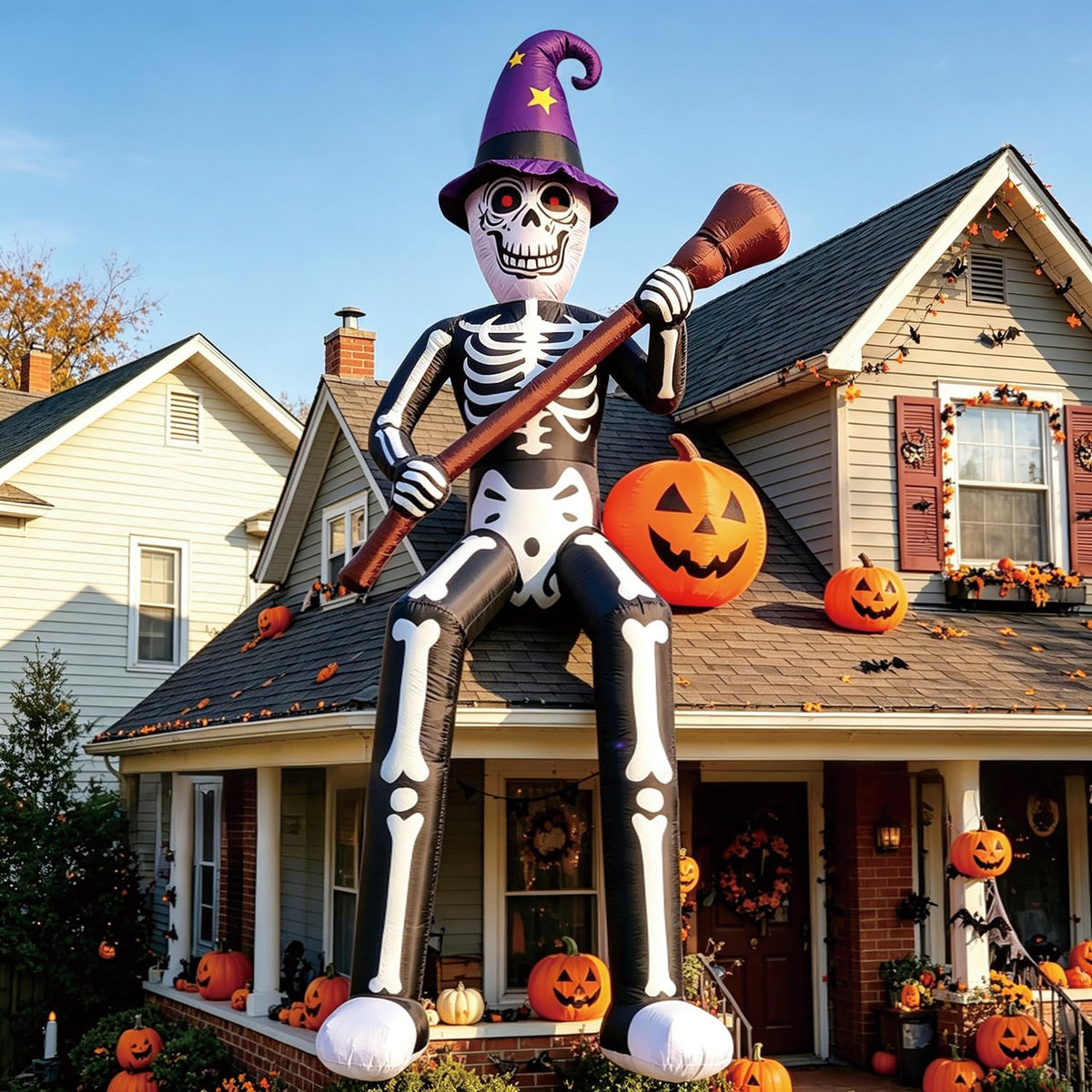 12 FT Halloween Inflatable Skeleton Wizard with Broom & Pumpkin B851536
