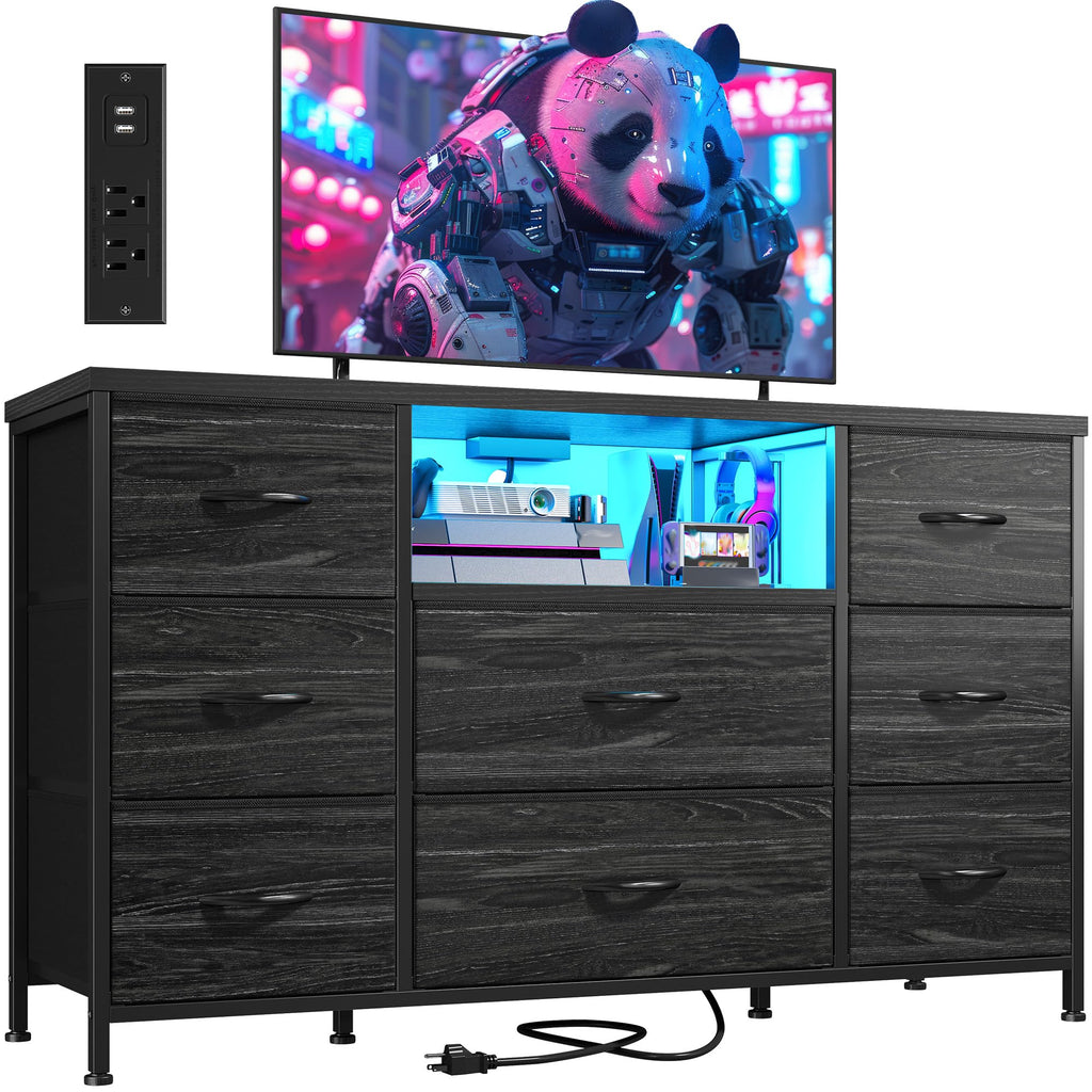 Black Dresser with LED Lights & Charging Station H4568