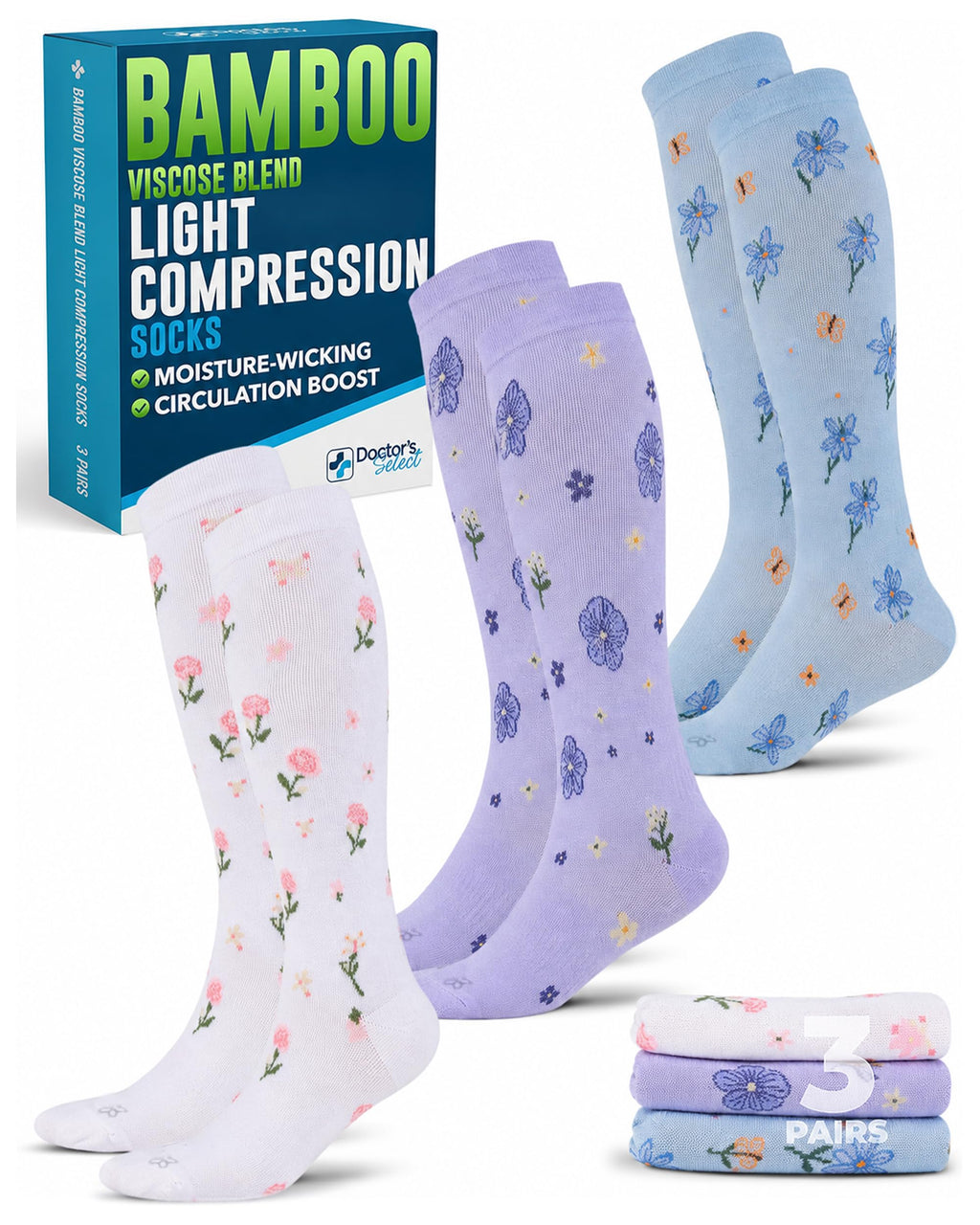Bamboo Viscose 8-15 mmHg Knee High Compression Socks 3 Pairs T667