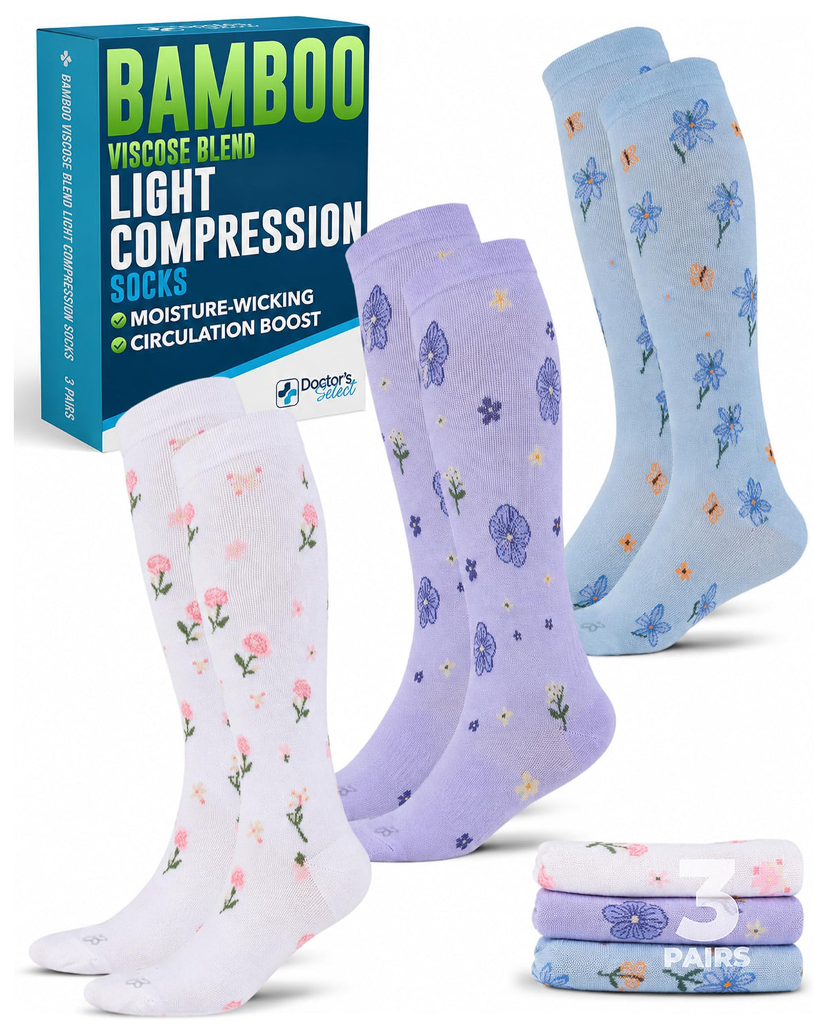 Bamboo Viscose 8-15 mmHg Knee High Compression Socks 3 Pairs T667