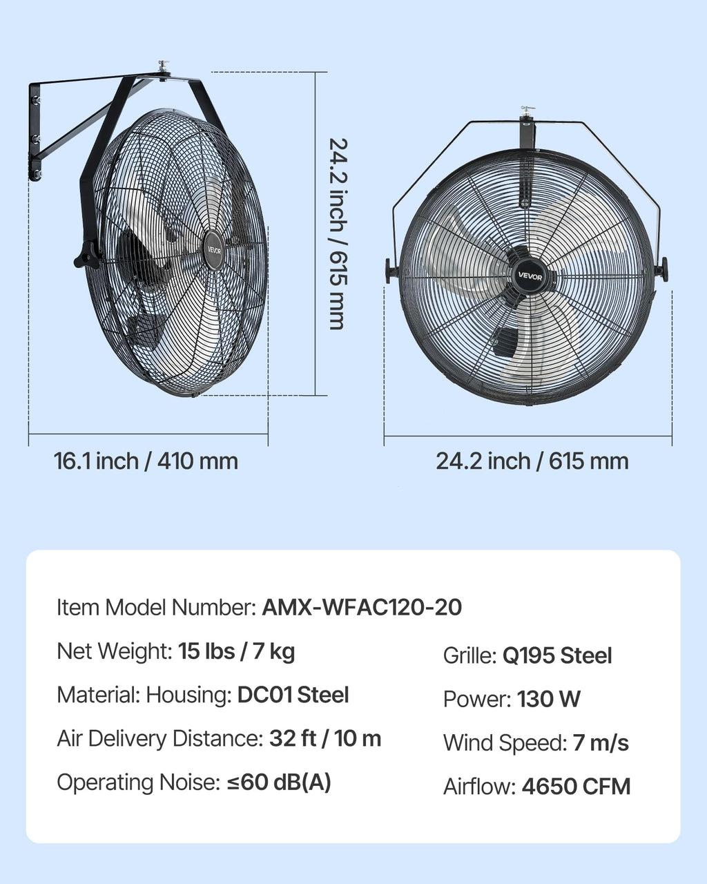 20 Inch Industrial Wall Mount Fan 3 Speeds X620393