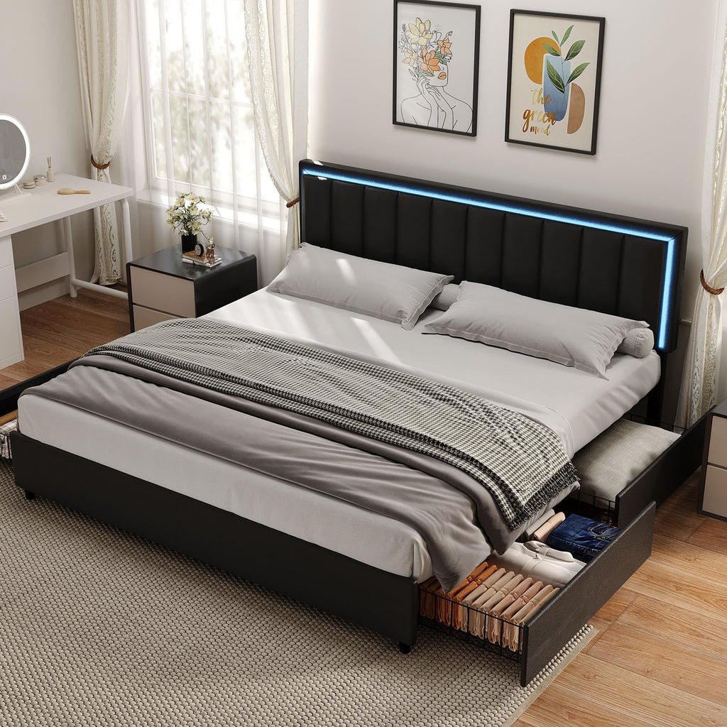 Black Full Size Upholstered Bed Frame with 4 Drawers and LED Lights H595
