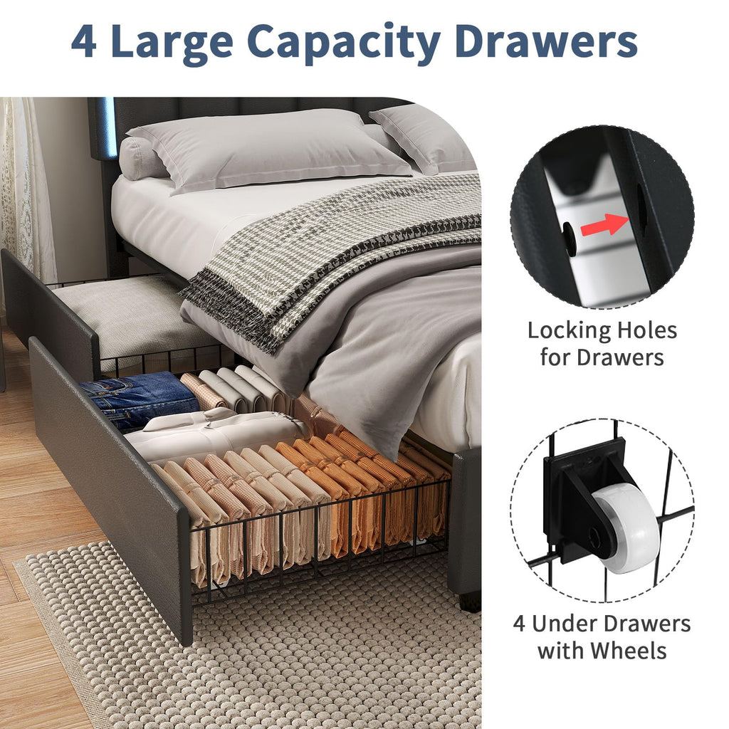 Black Full Size Upholstered Bed Frame with 4 Drawers and LED Lights H595