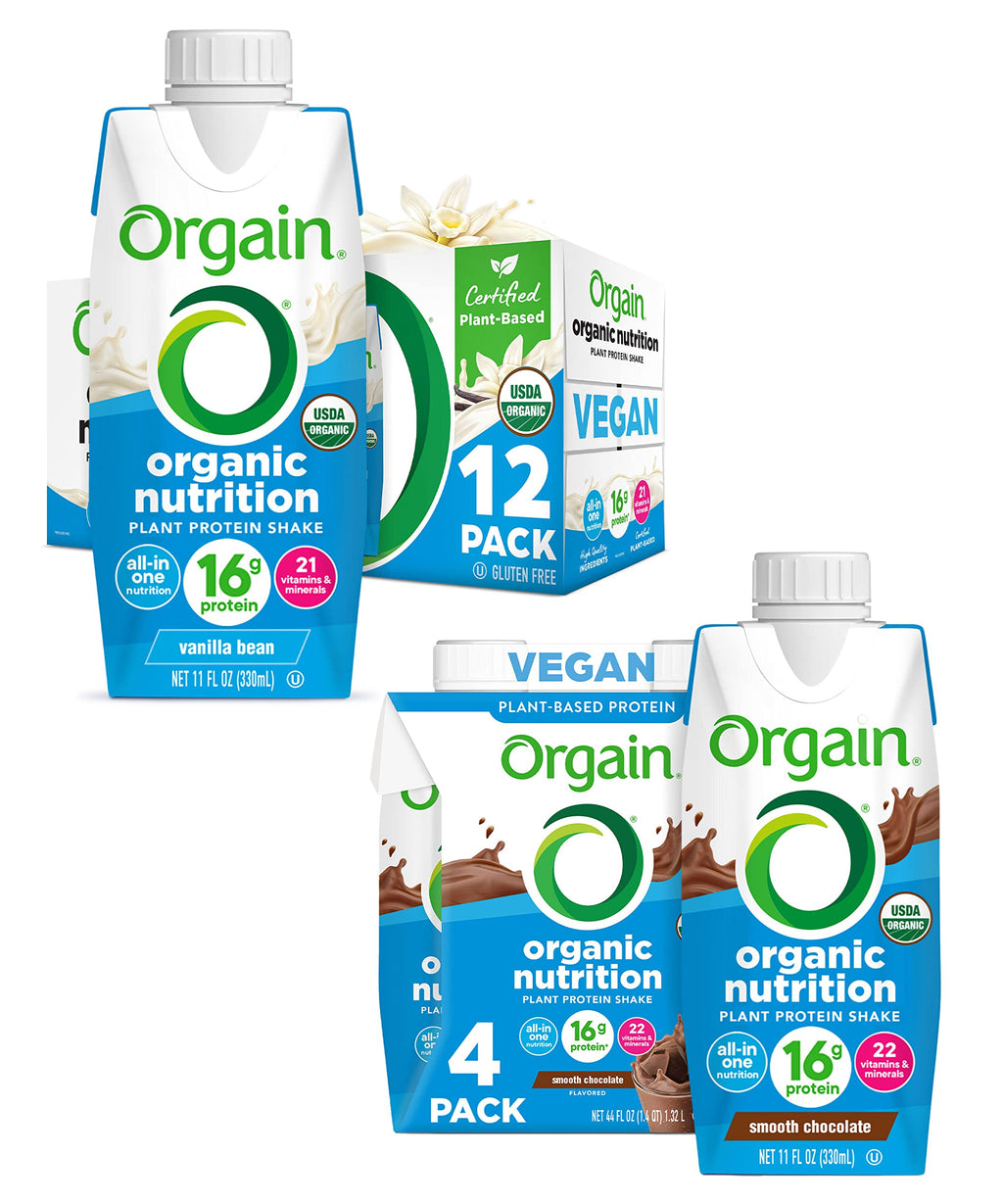 Organic Vegan Plant Based Nutritional Shake, Vanilla Bean + Smooth Chocolate, 11 Fl Oz (Pack of 4) O793